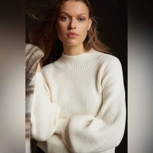 NWT Anthropologie Maeve Ivory Rib Knit Sweater, Mock Neck, Balloon Sleeves,Small - Picture 3 of 15